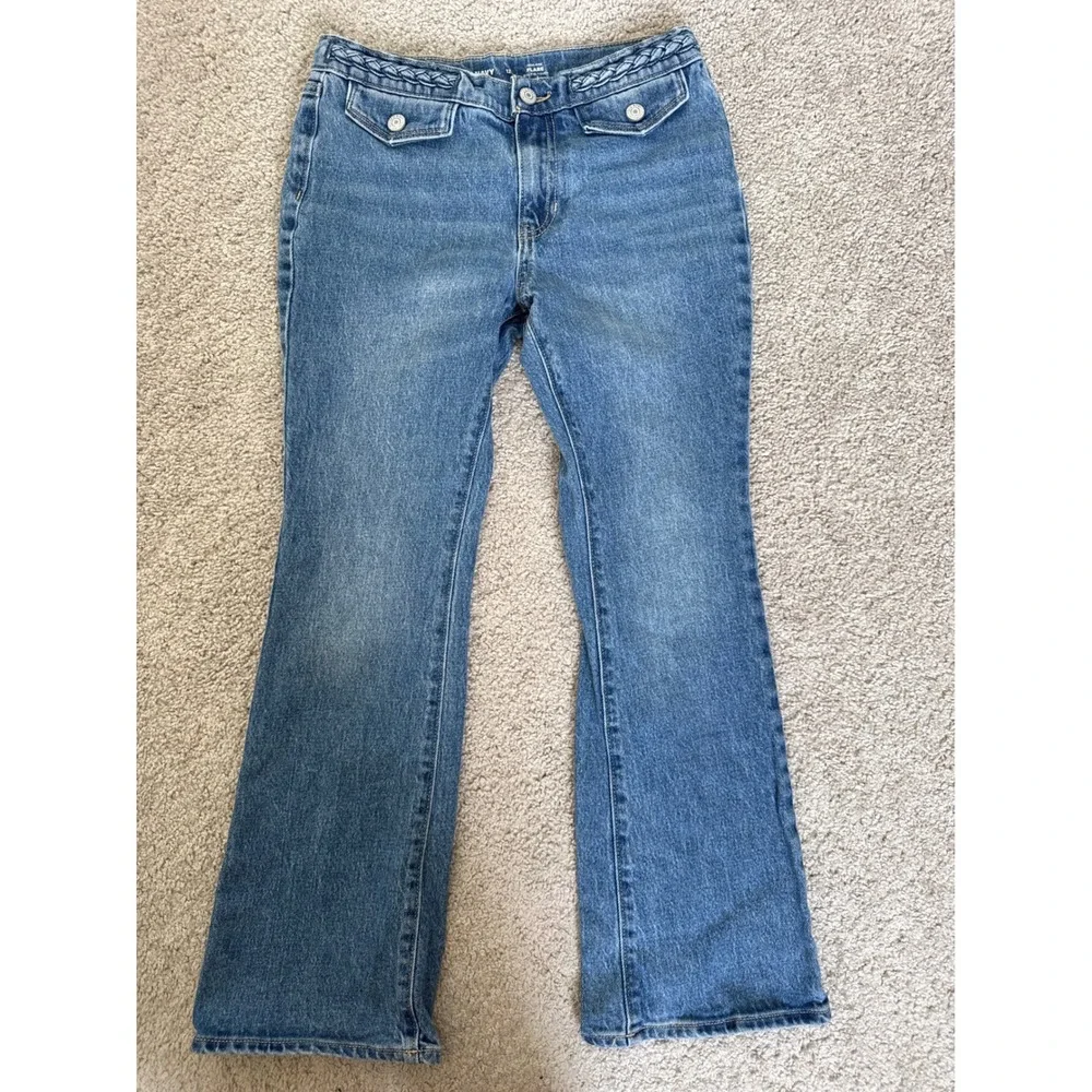 Old Navy Girls Blue High Rise Flare Jeans Braided Waist Built-In Tough Size 12